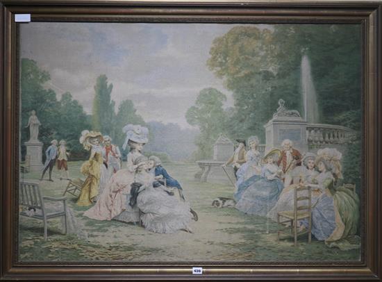 A machined tapestry panel depicting ladies and gallants in a garden, 79 x 113cm